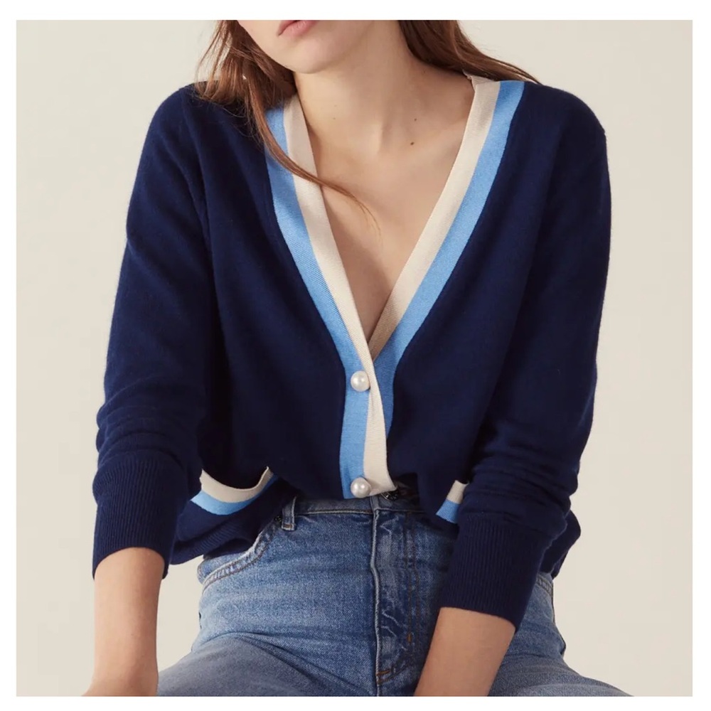 Sandro Paris Designer Clotilidr Marine Wool Cashmere Colorblock Cardigan - Picture 2 of 7